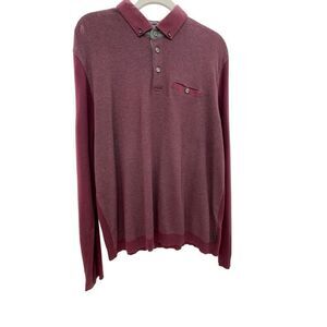 P Ted Baker London Mens Woolpak Button Down Polo Long Sleeve Burgundy
